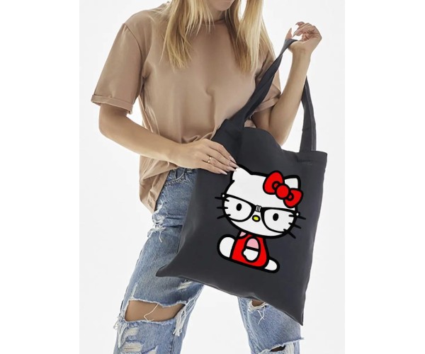 Сумка шоппер черный Аниме Hello Kitty Куроми дрейн тканевая