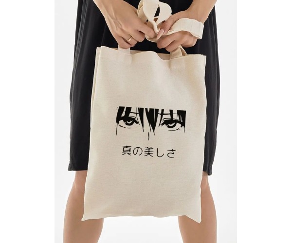 Эко сумка шоппер бежевый с принтом надписью глаза аниме