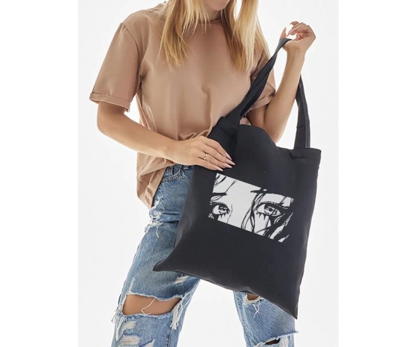 Эко сумка шоппер черный с принтом надписью аниме глаза тян