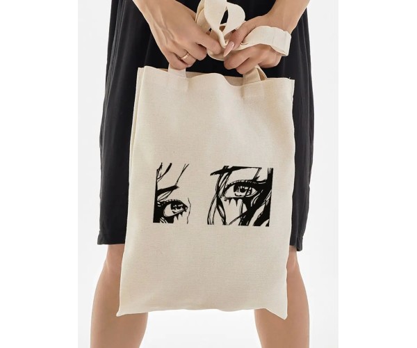 Эко сумка шоппер бежевый с принтом надписью аниме глаза тян