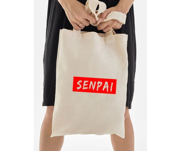 Эко сумка шоппер бежевый с принтом надписью Senpai аниме тян