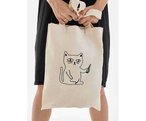 Эко сумка шоппер бежевый с принтом мем кот с ножом котик