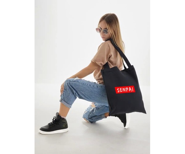 Эко сумка шоппер черный с принтом надписью Senpai аниме тян
