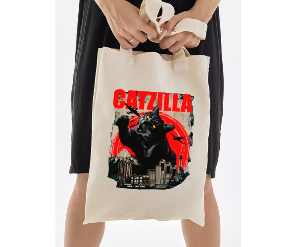 Шоппер Catzilla котзилла черный кот мем с принтом