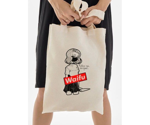 Эко сумка шоппер бежевый аниме Waifu notice me senpai вайфу
